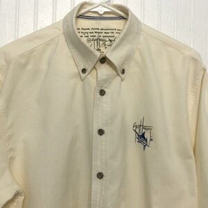 Guy Harvey Pale Yellow Mens Button Down SHIRT Cotton Blnd TabLong Slv EUC
